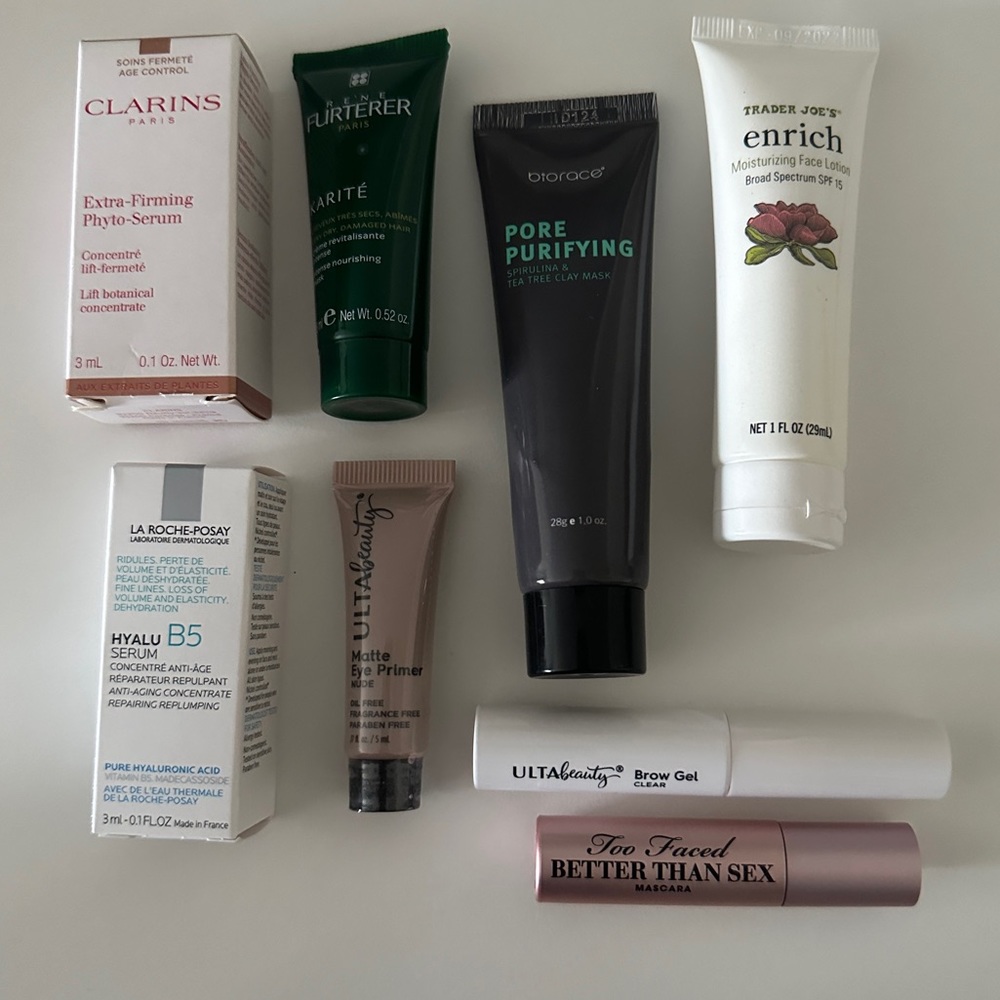 Makeup bundle clarins, la roche-posay, too faced, biorace, Rene Furterer